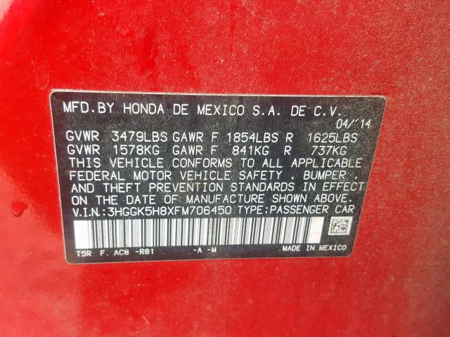 3HGGK5H8XFM706450 - 2015 HONDA FIT EX RED photo 10