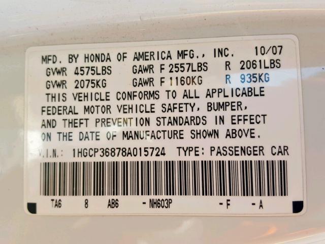 1HGCP36878A015724 - 2008 HONDA ACCORD EXL WHITE photo 10