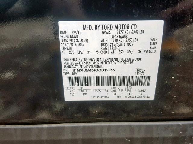 1FM5K8AR4GGB12955 - 2016 FORD EXPLORER P BLACK photo 10