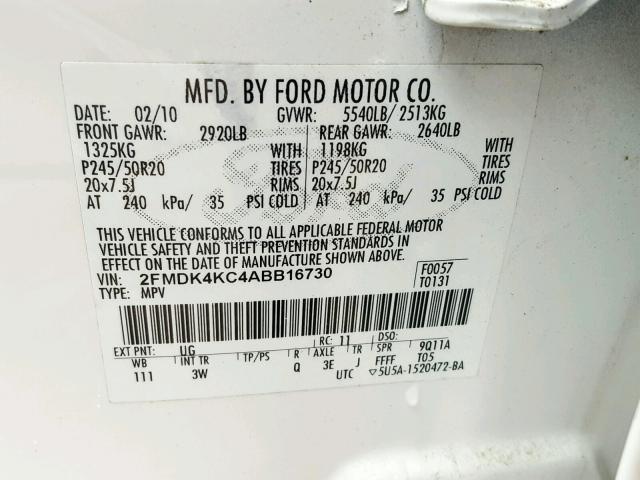 2FMDK4KC4ABB16730 - 2010 FORD EDGE LIMIT WHITE photo 10