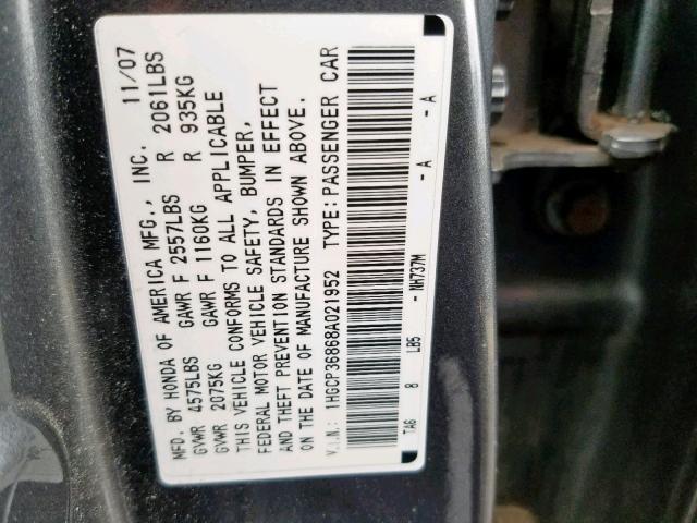 1HGCP36868A021952 - 2008 HONDA ACCORD EXL GRAY photo 10