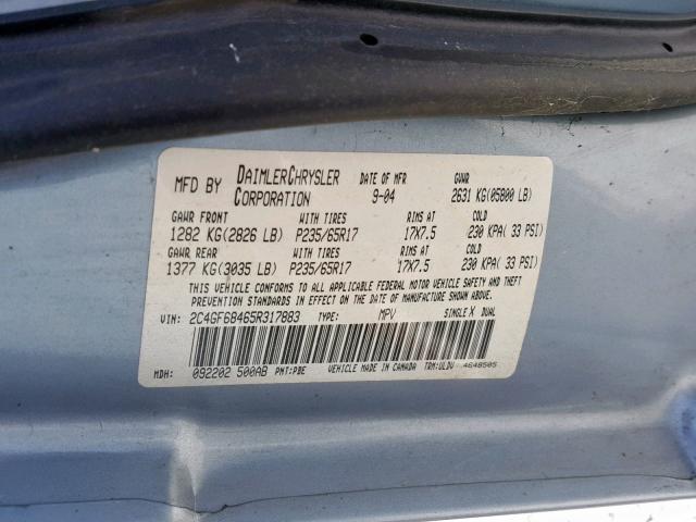 2C4GF68465R317883 - 2005 CHRYSLER PACIFICA T SILVER photo 10