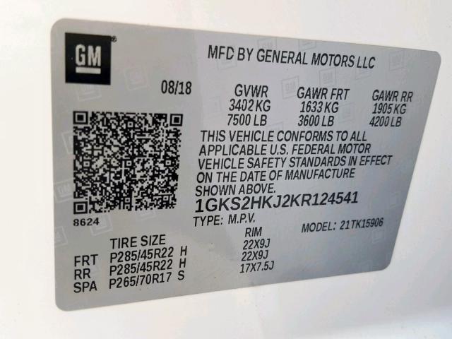 1GKS2HKJ2KR124541 - 2019 GMC YUKON XL D WHITE photo 10