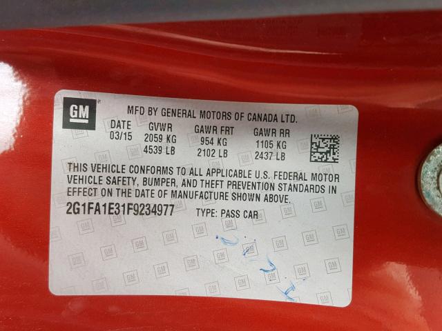 2G1FA1E31F9234977 - 2015 CHEVROLET CAMARO LS RED photo 10