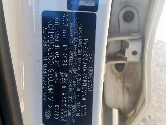 KNADM4A38D6237728 - 2013 KIA RIO LX WHITE photo 10