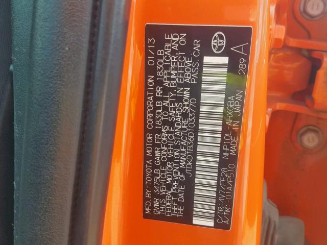 JTDKDTB36D1033770 - 2013 TOYOTA PRIUS C ORANGE photo 10