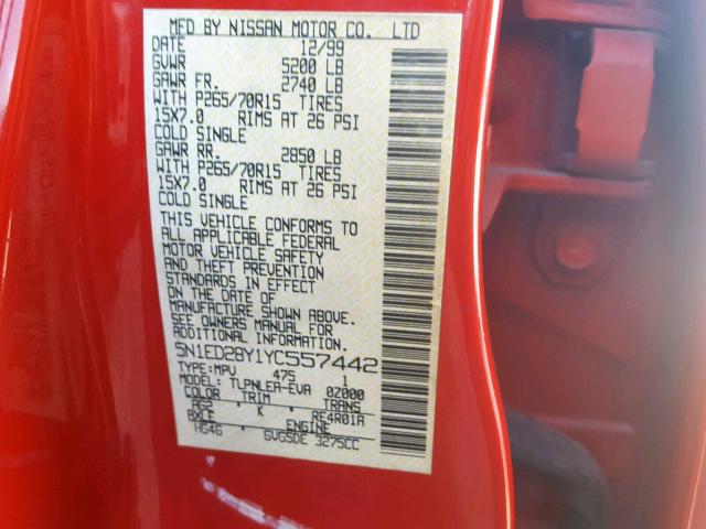 5N1ED28Y1YC557442 - 2000 NISSAN XTERRA XE RED photo 10