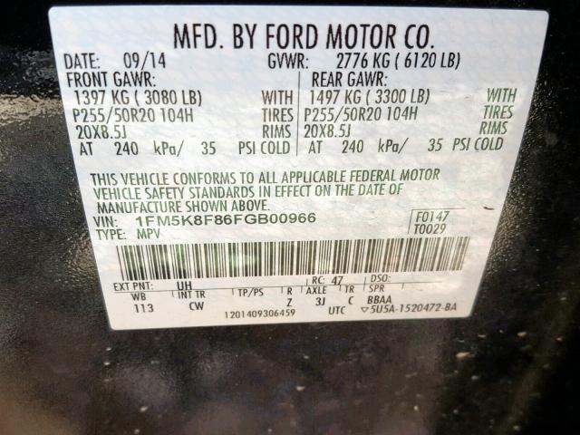 1FM5K8F86FGB00966 - 2015 FORD EXPLORER L BLACK photo 10