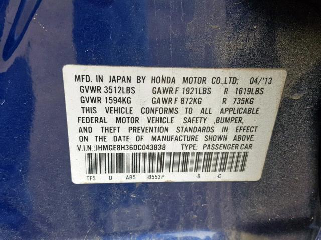 JHMGE8H36DC043838 - 2013 HONDA FIT BLUE photo 10