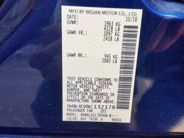 1N4BL4CV0KC132178 - 2019 NISSAN ALTIMA SR BLUE photo 10