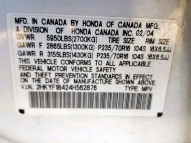 2HKYF18424H562876 - 2004 HONDA PILOT EX WHITE photo 10