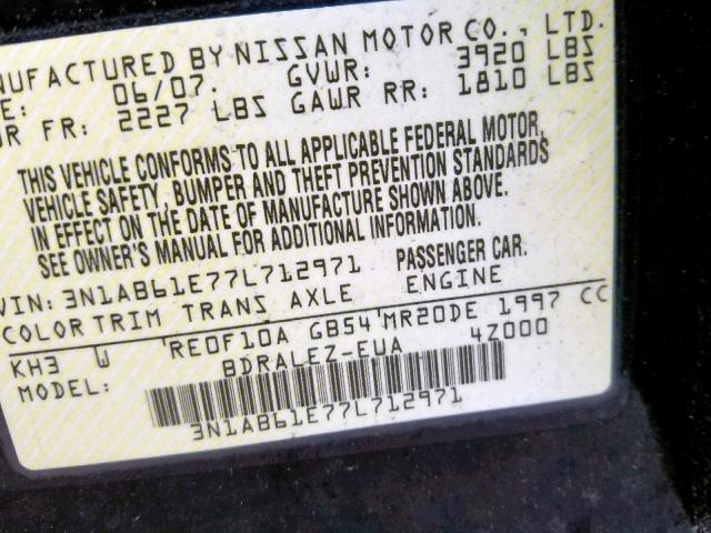 3N1AB61E77L712971 - 2007 NISSAN SENTRA 2.0 BLACK photo 10