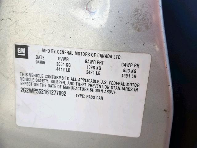 2G2WP552161277092 - 2006 PONTIAC GRAND PRIX SILVER photo 10