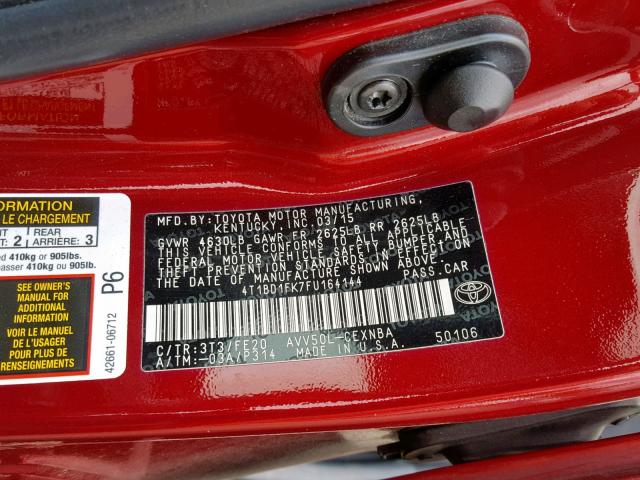 4T1BD1FK7FU164144 - 2015 TOYOTA CAMRY HYBR RED photo 10