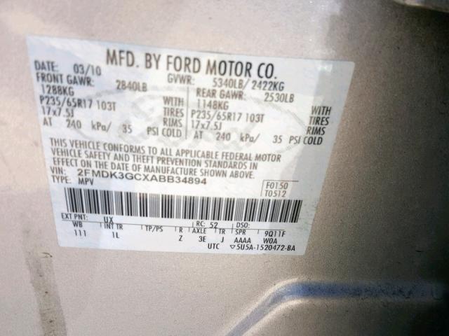 2FMDK3GCXABB34894 - 2010 FORD EDGE SE TAN photo 10