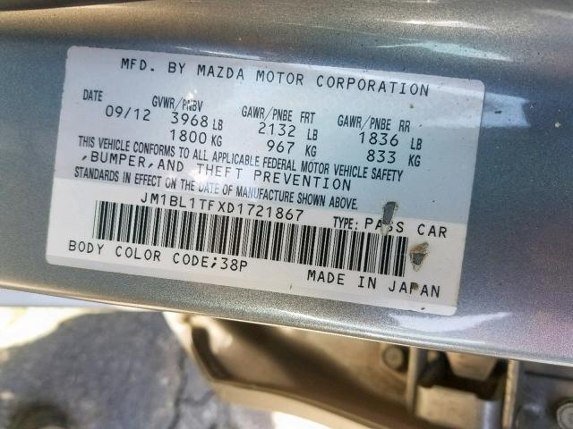 JM1BL1TFXD1721867 - 2013 MAZDA 3 I GRAY photo 10