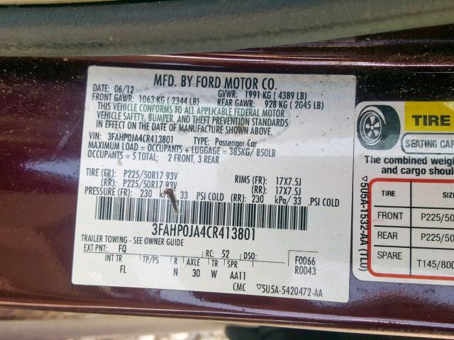 3FAHP0JA4CR413801 - 2012 FORD FUSION SEL BURGUNDY photo 10