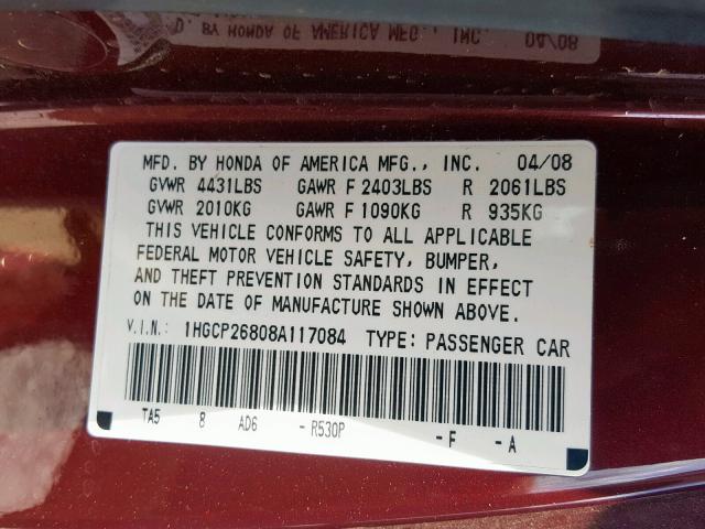 1HGCP26808A117084 - 2008 HONDA ACCORD EXL MAROON photo 10