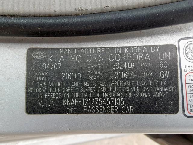 KNAFE121275457135 - 2007 KIA SPECTRA EX SILVER photo 10