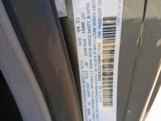 3VWCK21CX2M417568 - 2002 VOLKSWAGEN NEW BEETLE Գրաֆիտ լուսանկար 10