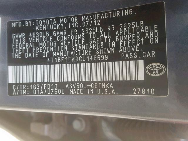 4T1BF1FK9CU146699 - 2012 TOYOTA CAMRY BASE GRAY photo 10