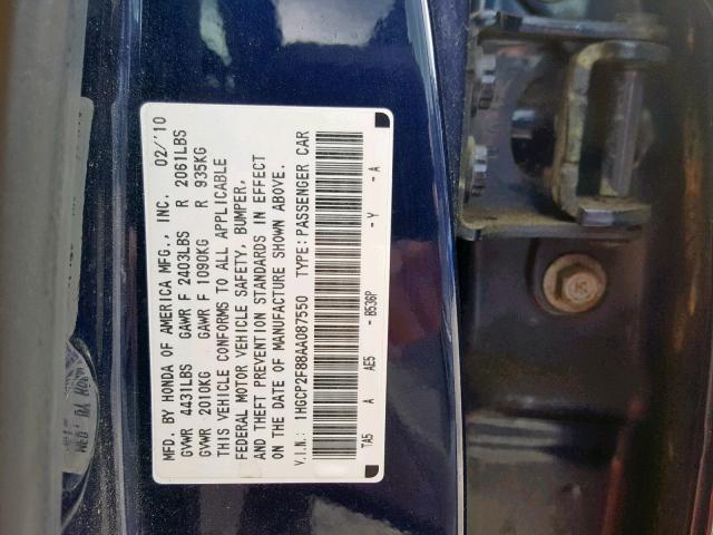 1HGCP2F88AA087550 - 2010 HONDA ACCORD EXL BLUE photo 10