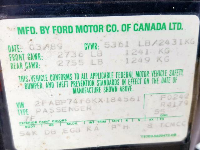 2FABP74F6KX184561 - 1989 FORD CROWN VICT BLUE photo 10