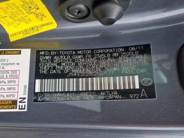 JTHFE2C23C2507177 - 2012 LEXUS IS 350 GRAY photo 10