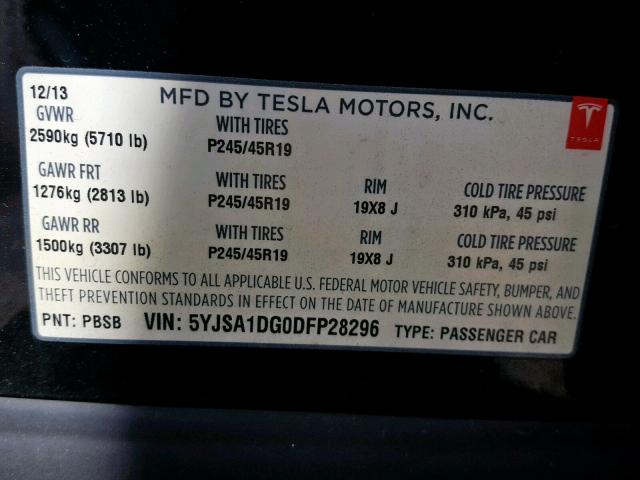 5YJSA1DG0DFP28296 - 2013 TESLA MODEL S CHARCOAL photo 10