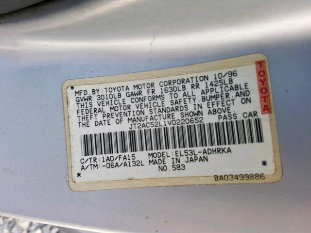 JT2AC52L1V0220652 - 1997 TOYOTA TERCEL CE SILVER photo 10