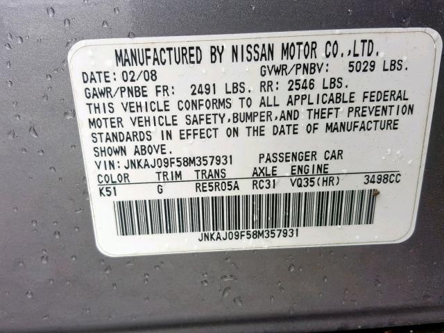 JNKAJ09F58M357931 - 2008 INFINITI EX35 BASE GRAY photo 10