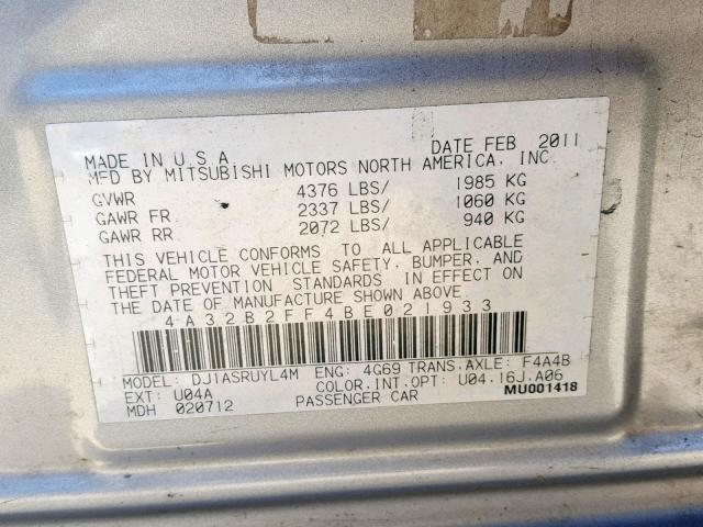 4A32B2FF4BE021933 - 2011 MITSUBISHI GALANT FE SILVER photo 10