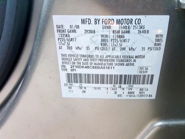 2FMDK48C88BA51611 - 2008 FORD EDGE SEL GRAY photo 10