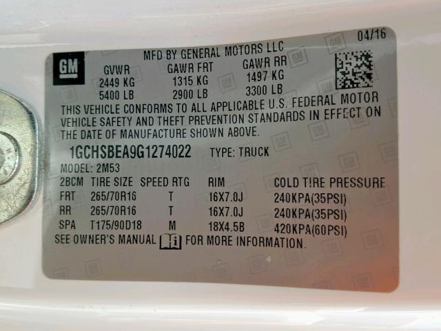 1GCHSBEA9G1274022 - 2016 CHEVROLET COLORADO WHITE photo 10