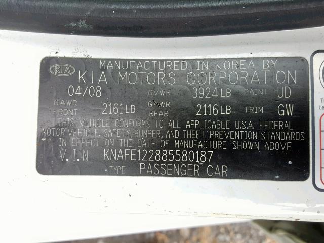 KNAFE122885580187 - 2008 KIA SPECTRA EX WHITE photo 10