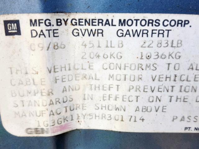 1G3GK11Y5HR301714 - 1987 OLDSMOBILE CUTLASS SA BLUE photo 10