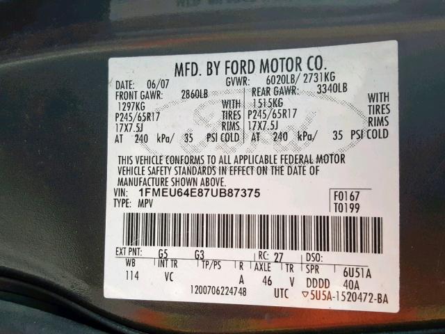 1FMEU64E87UB87375 - 2007 FORD EXPLORER E GRAY photo 10