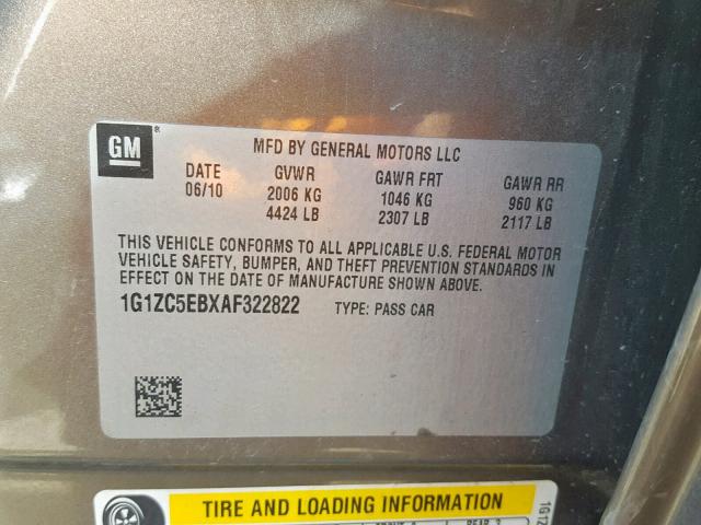 1G1ZC5EBXAF322822 - 2010 CHEVROLET MALIBU 1LT 棕色 照片 10