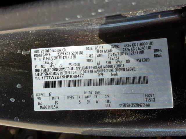 1FT7W2BT5HEB40477 - 2017 FORD F250 SUPER CHARCOAL photo 10