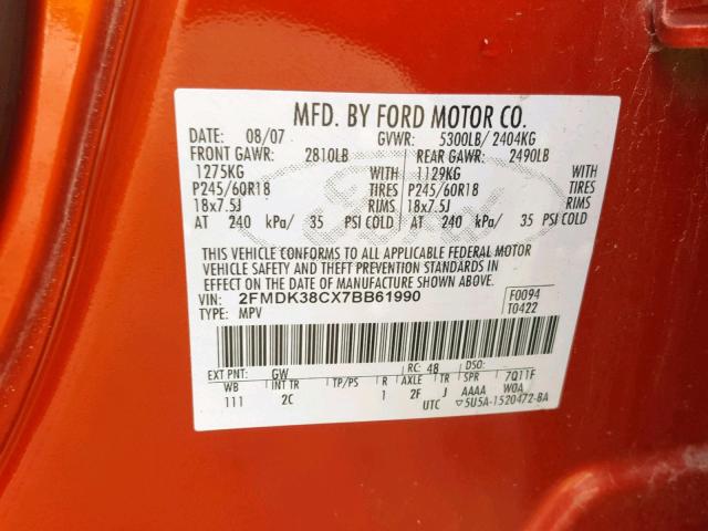 2FMDK38CX7BB61990 - 2007 FORD EDGE SEL ORANGE photo 10