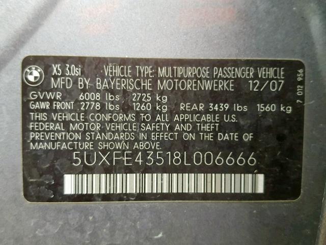 5UXFE43518L006666 - 2008 BMW X5 3.0I GRAY photo 10