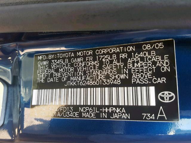 JTKKT624860133948 - 2006 TOYOTA SCION XA BLUE photo 10