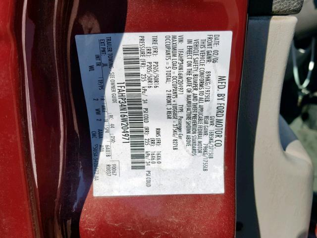 1FAHP34N16W204971 - 2006 FORD FOCUS ZX4 BURGUNDY photo 10