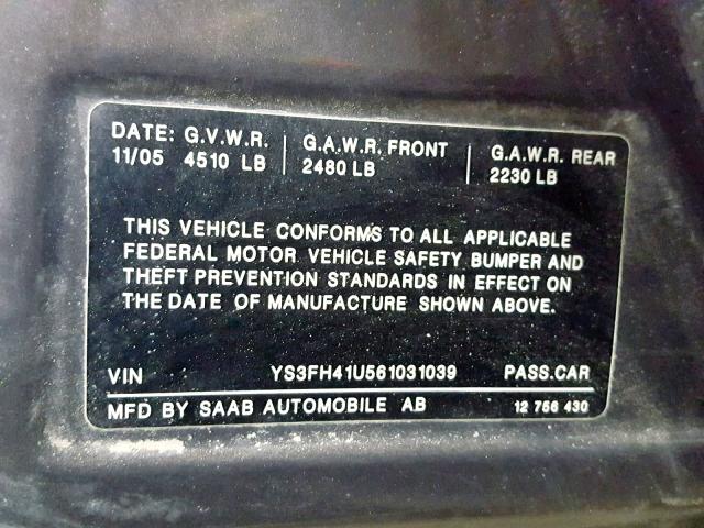 YS3FH41U561031039 - 2006 SAAB 9-3 AERO GRAY photo 10