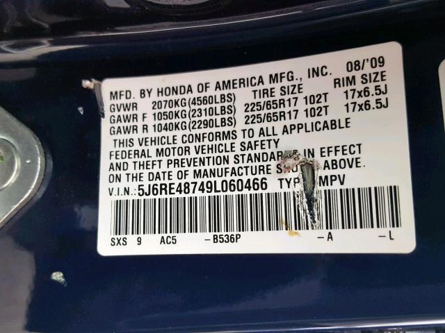 5J6RE48749L060466 - 2009 HONDA CR-V EXL BLUE photo 10