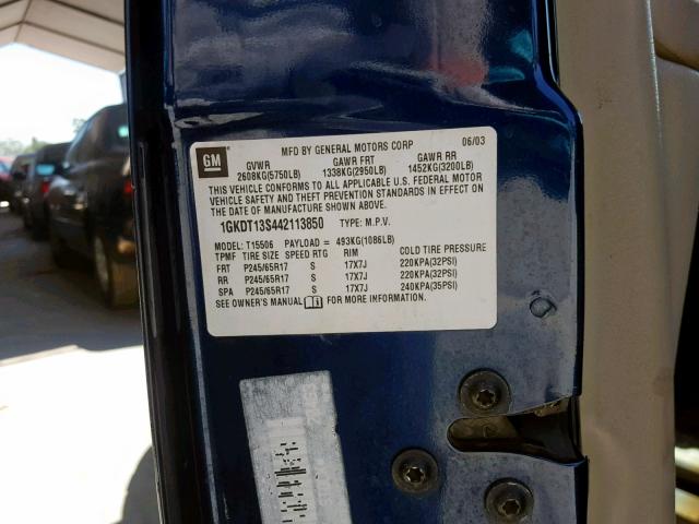 1GKDT13S442113850 - 2004 GMC ENVOY BLUE photo 10