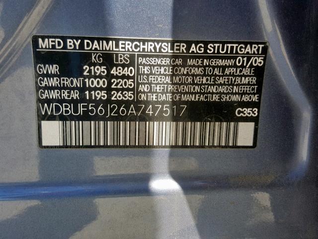 WDBUF56J26A747517 - 2006 MERCEDES-BENZ E 350 BLUE photo 10