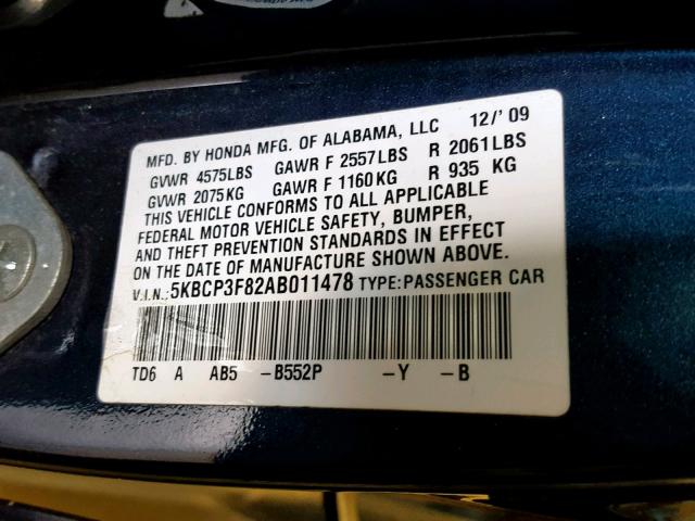 5KBCP3F82AB011478 - 2010 HONDA ACCORD EXL BLUE photo 10