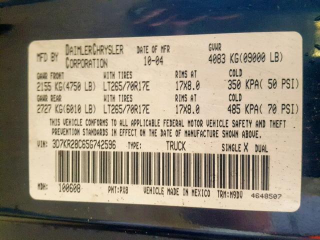 3D7KR28C65G742596 - 2005 DODGE RAM 2500 S შავი ფოტო 10