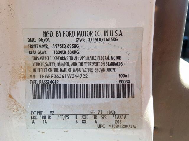 1FAFP36361W344722 - 2001 FORD FOCUS WHITE photo 10